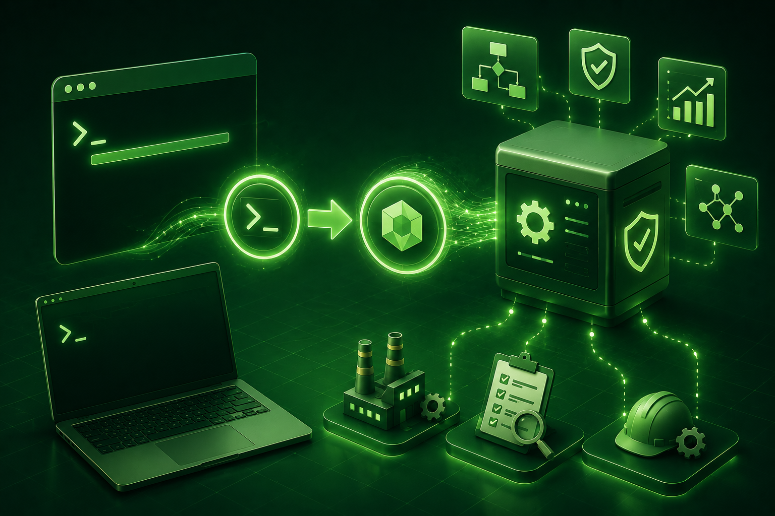 Title graphic — a terminal window linked by an arrow to a VisualPro server, surrounded by shield, factory and hard-hat icons: Claude Code integration guide