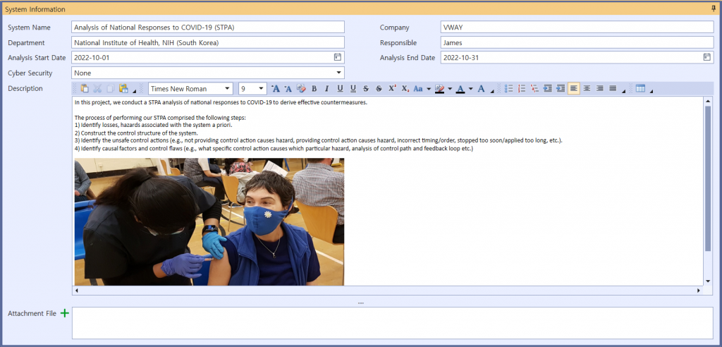 VisualPro System Information screen for the project 'Analysis of National Responses to COVID-19 (STPA)' — company VWAY, department National Institute of Health, NIH (South Korea), analysis period 2022-10-01 to 2022-10-31, with a photo of a person receiving a vaccination