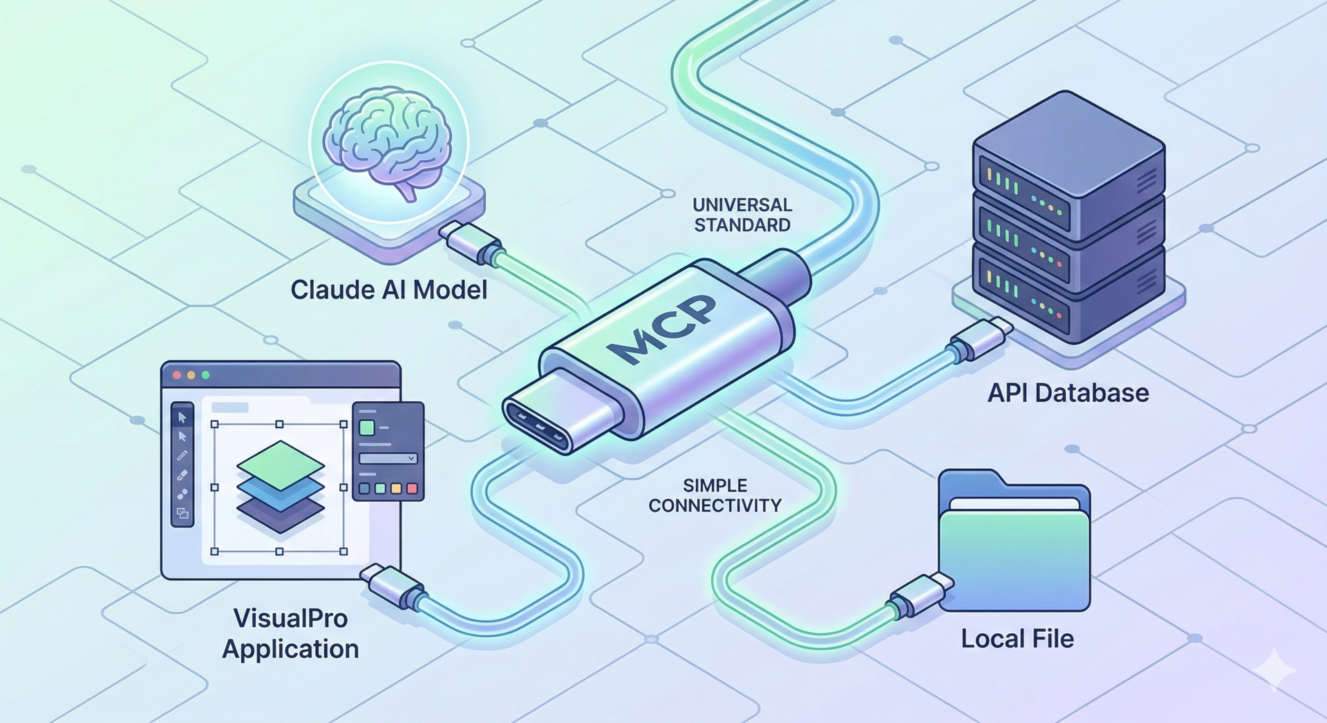 VisualPro AI MCP (Model Context Protocol) diagram — MCP as a universal standard connector linking the Claude AI model, the VisualPro application, an API database and local files