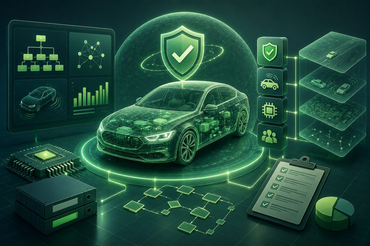 Concept art of a car under a green shield with an FTA tree, charts, checklist and semiconductor icons — ISO 26262 × ASPICE safety-analysis work products