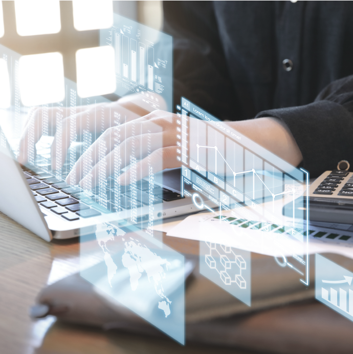 Hands typing on a laptop with document and chart holograms floating above — the monitoring concept of FMEA-MSR