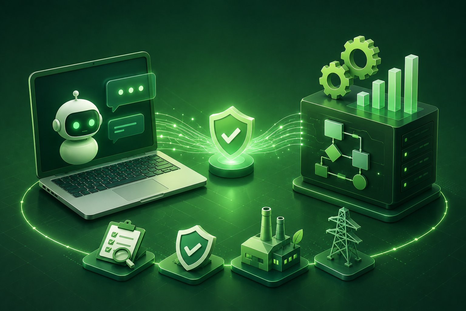 Title graphic — an AI chatbot on a laptop linked to a VisualPro server with shield, gear, power-grid and factory icons: Claude Desktop integration guide